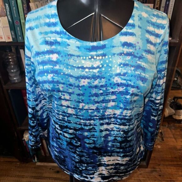 Chico’s sequined blue striped Mermaidcore knit 2/L top - Picture 1 of 3